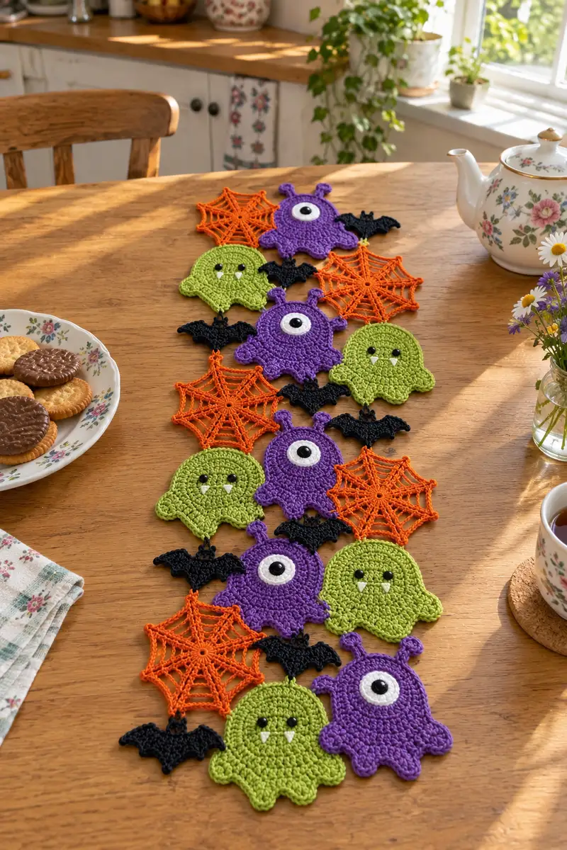 Cute Monsters Halloween Table Runner Pattern crochet pattern - detailed view of completed project