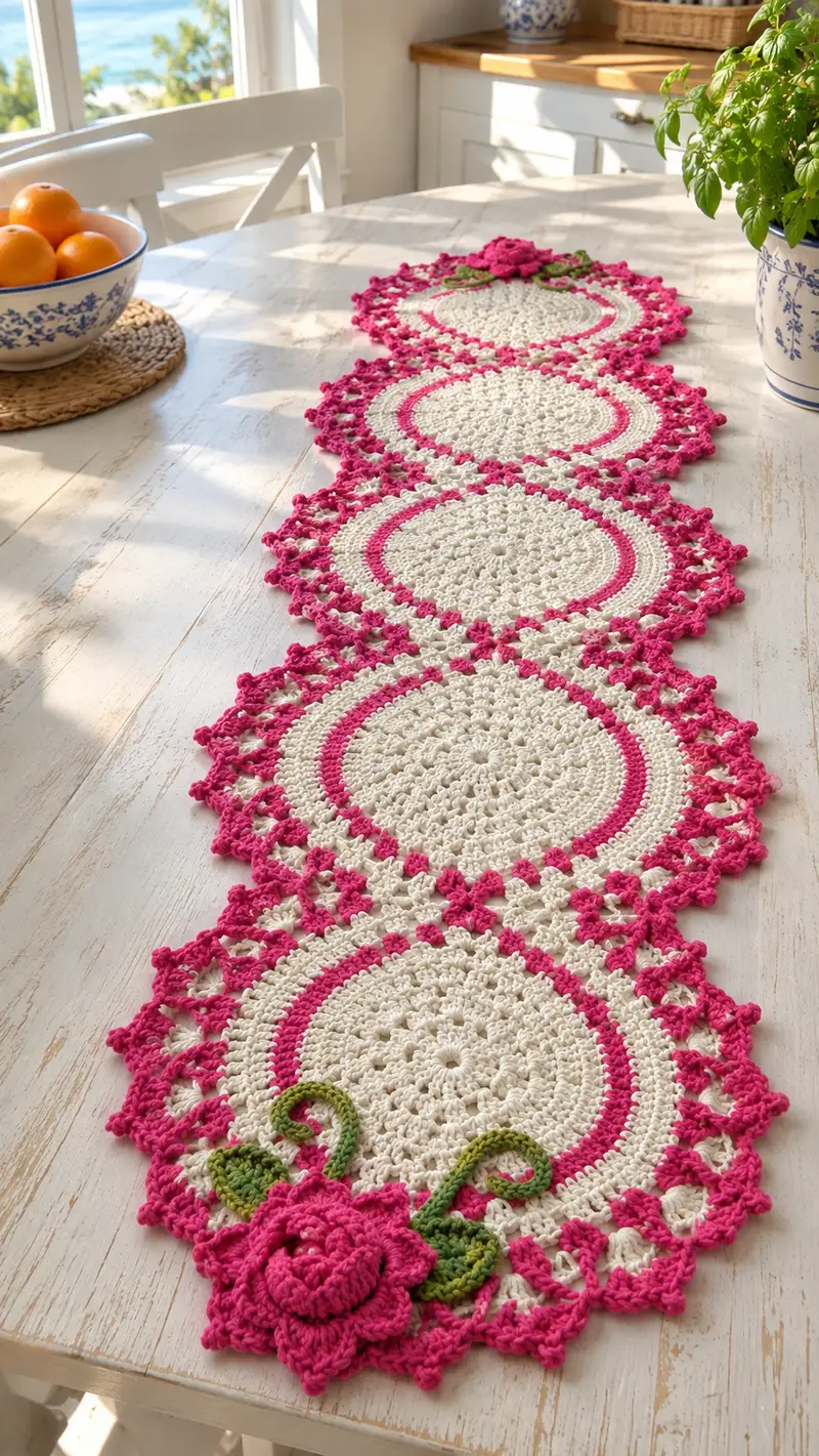 Pink Rose Circular Table Runner Pattern crochet pattern - detailed view of completed project