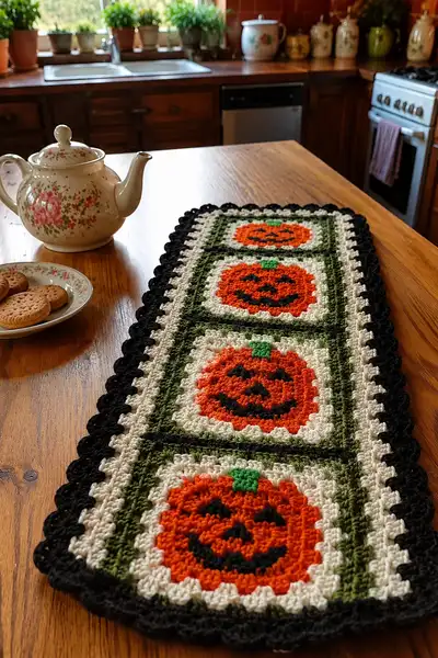 Smiling Pumpkin Table Runner Pattern step 1 - construction progress