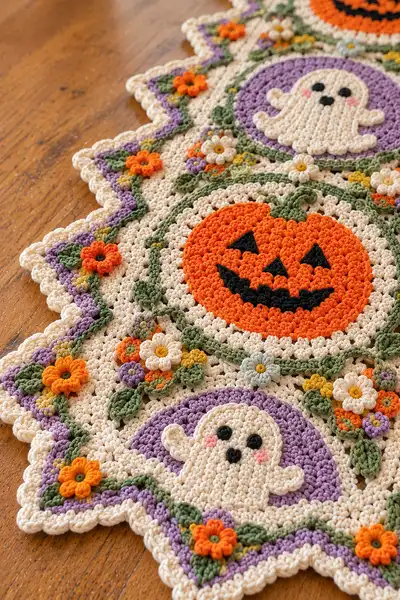 Halloween Pumpkin & Ghost Table Runner Pattern step 2 - assembly progress