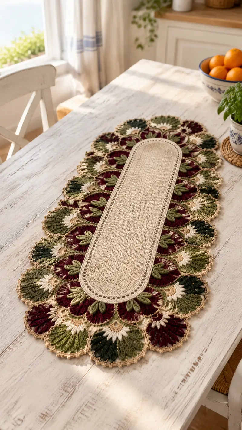 Elegant Floral Oval Table Runner Pattern crochet pattern - detailed view of completed project