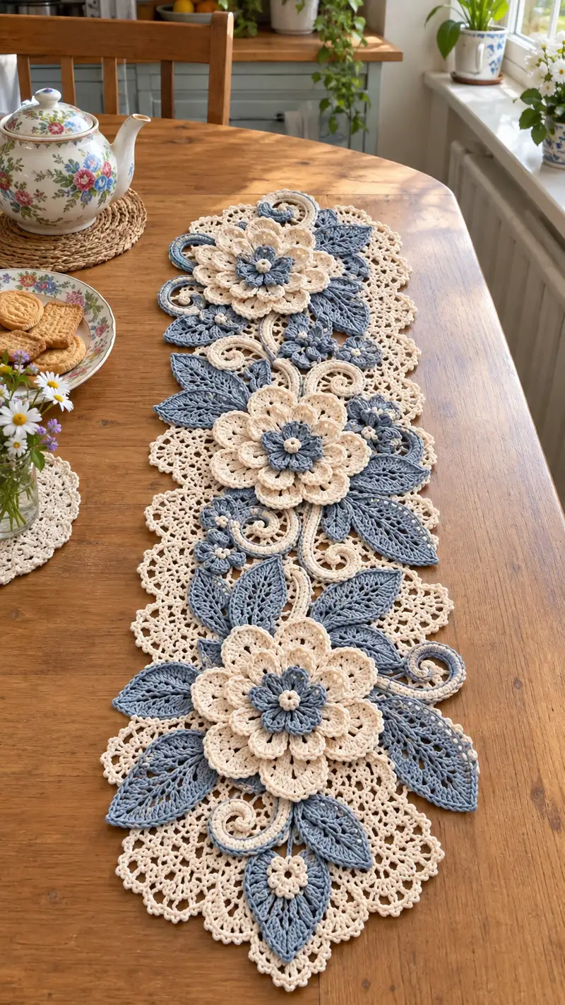 Elegant Floral Lace Table Runner Pattern crochet pattern - detailed view of completed project