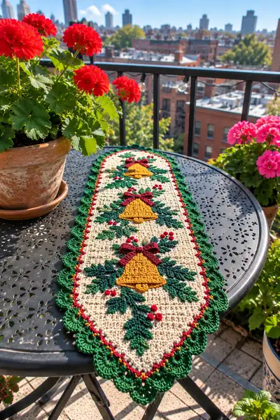 Golden Bell and Evergreen Sprig Christmas Table Runner Pattern step 1 - construction progress