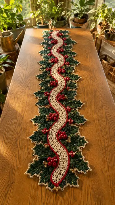 Forest Green And Crimson Holly Table Runner Pattern step 1 - construction progress