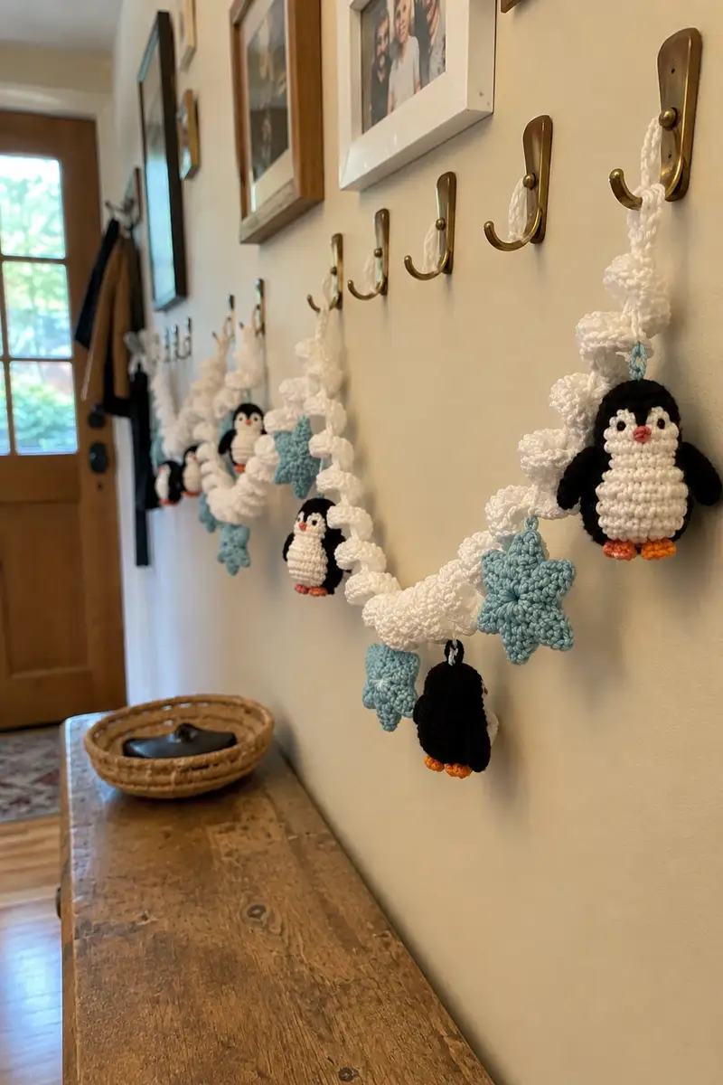 Snowy Spiral Garland with Tiny Penguin and Ice Blue Star Amigurumi Pattern crochet pattern - detailed view of completed project