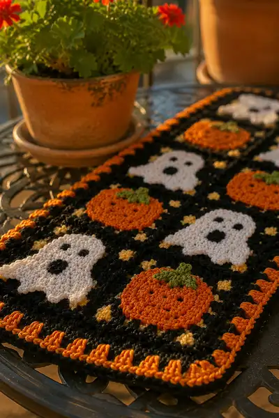 Granny Square Patch Table Runner with Ghosts and Pumpkins Pattern step 2 - assembly progress