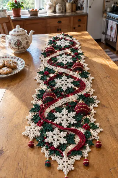 Festive Snowflake & Holly Table Runner Pattern step 1 - construction progress