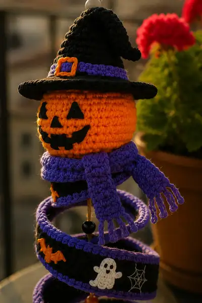 Pumpkin Spooky Spiral Ornament Amigurumi Pattern step 2 - assembly progress