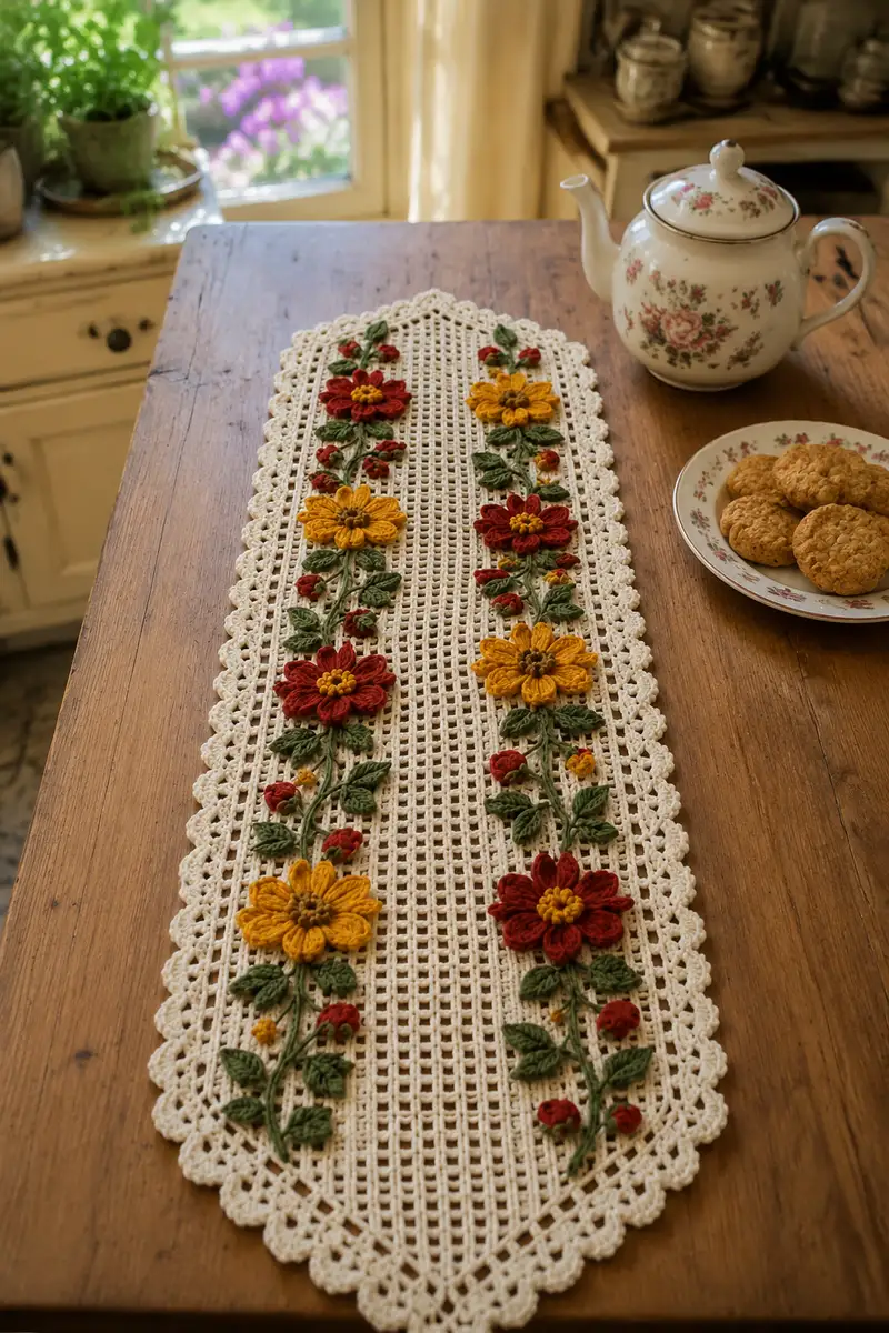 Autumn Floral Table Runner Pattern crochet pattern - detailed view of completed project