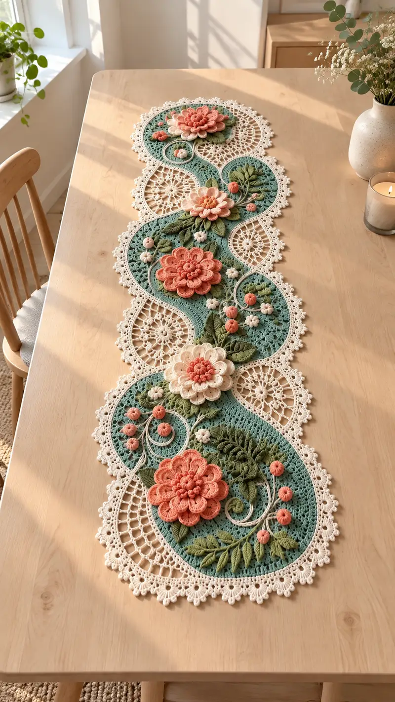 Floral S-Shape Table Runner Pattern crochet pattern - detailed view of completed project
