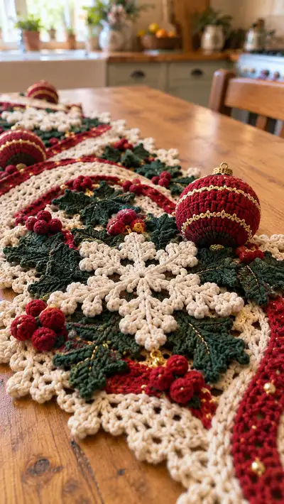 Festive Spiral Snowflake Table Runner Pattern step 2 - assembly progress