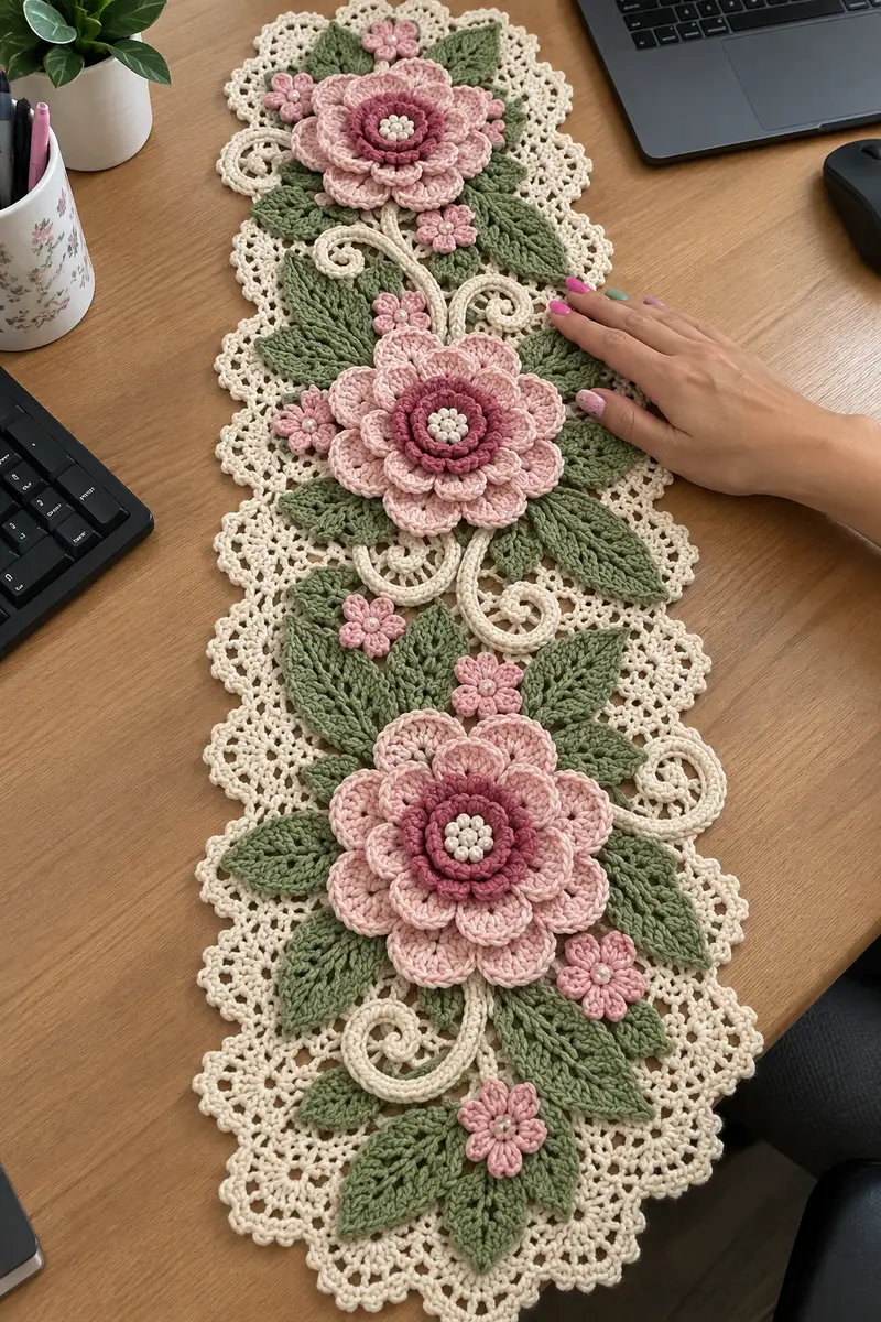 Floral Lace Table Runner Pattern crochet pattern - detailed view of completed project