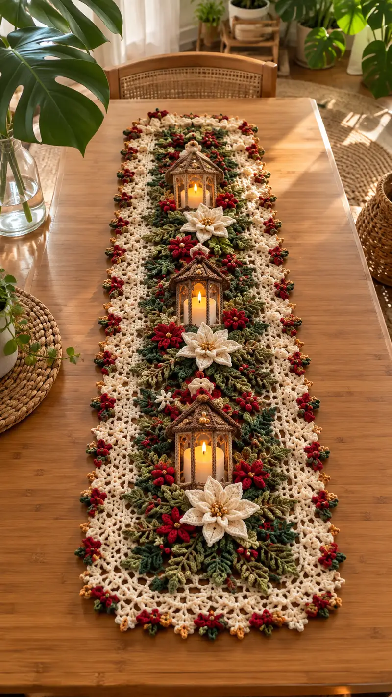Ivory and Burgundy Poinsettia Table Runner Pattern crochet pattern - detailed view of completed project