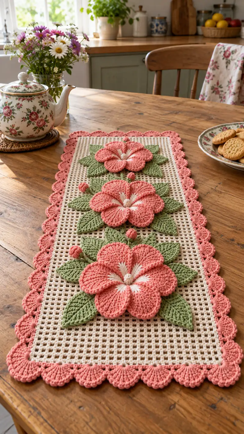Coral Blossom Table Runner Pattern crochet pattern - detailed view of completed project