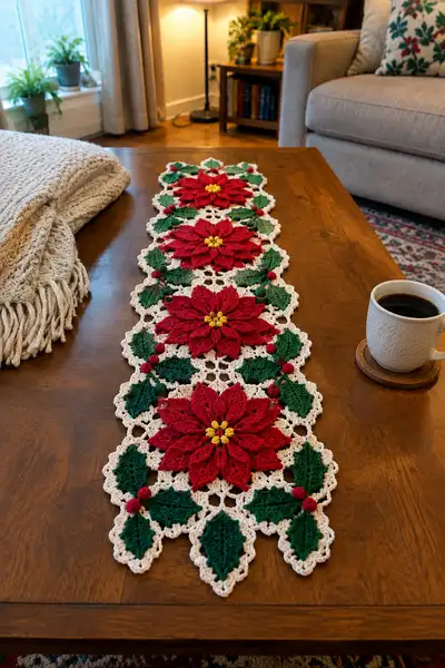 Fancy Poinsettia and Holly Detached Motif Christmas Table Runner Pattern step 1 - construction progress