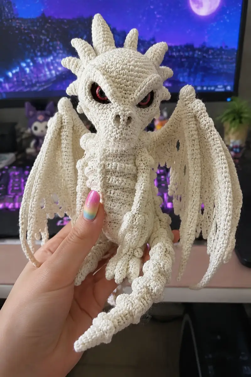 Big Bone White Ghost Dragon with Scary Eyes Amigurumi Pattern crochet pattern - detailed view of completed project
