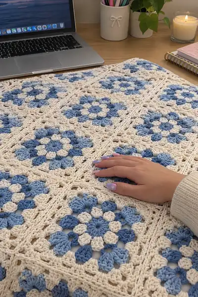 Fresh Light Blue Floral Granny Square Bedspread Pattern step 2 - assembly progress
