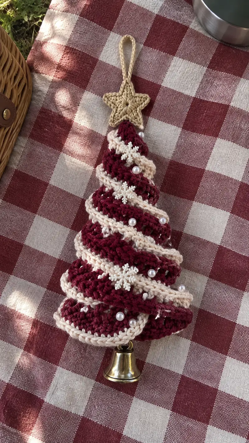 Spiral Ruffle Christmas Tree Ornament Pattern crochet pattern - detailed view of completed project