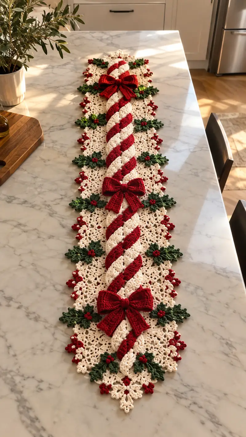 Red And Ivory Candy Cane Lace Table Runner Pattern crochet pattern - detailed view of completed project