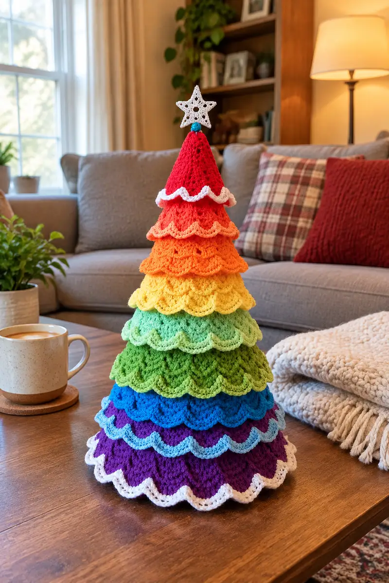 Rainbow Ombre Ripple Christmas Tree Pattern crochet pattern - detailed view of completed project
