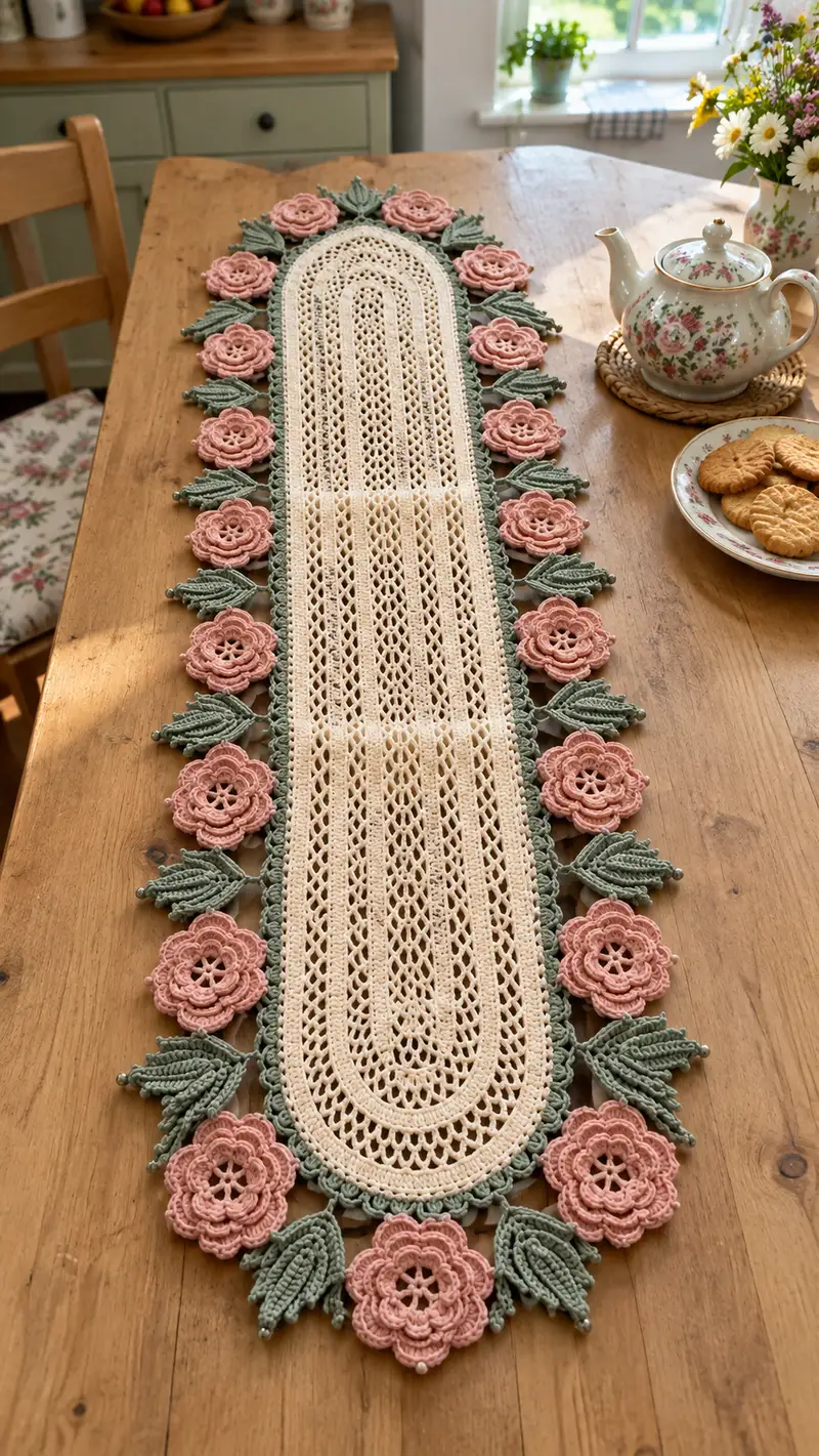 Vintage Rose Table Runner Pattern crochet pattern - detailed view of completed project