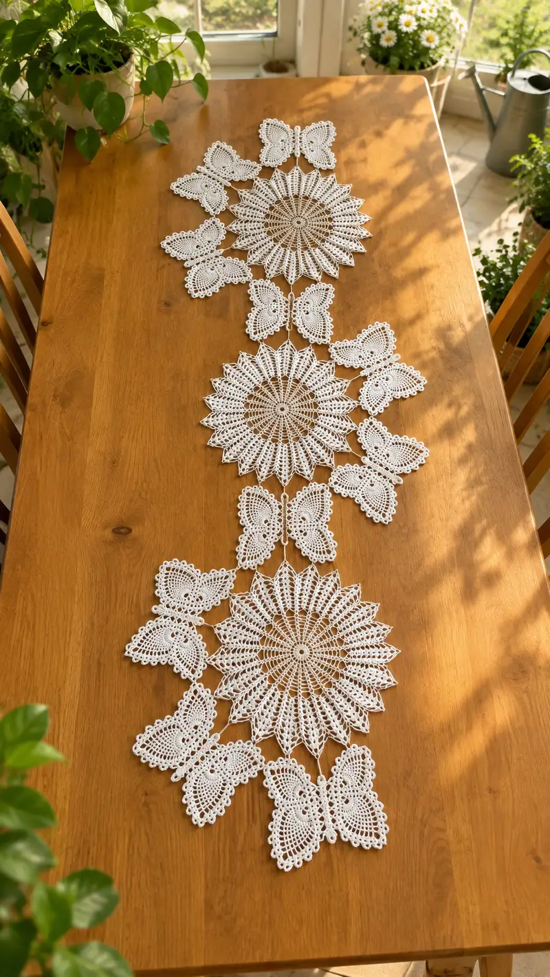 Sunburst Butterfly Lace Table Runner Pattern crochet pattern - detailed view of completed project