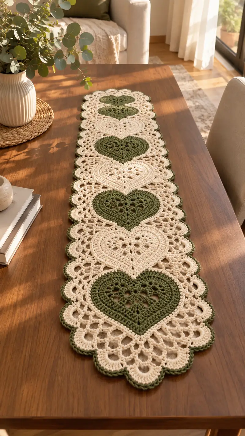 Lacy Heart Table Runner Pattern crochet pattern - detailed view of completed project