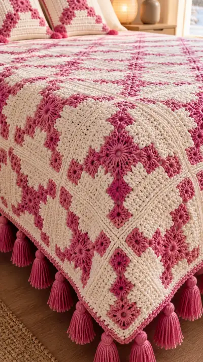 Rose-White Granny Square Bedspread Pattern step 2 - assembly progress