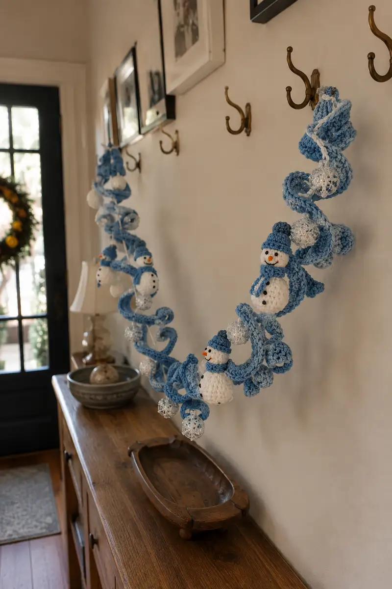 Frosty Blue Spiral Christmas Garland with Snowmen and Silver Baubles Pattern crochet pattern - detailed view of completed project