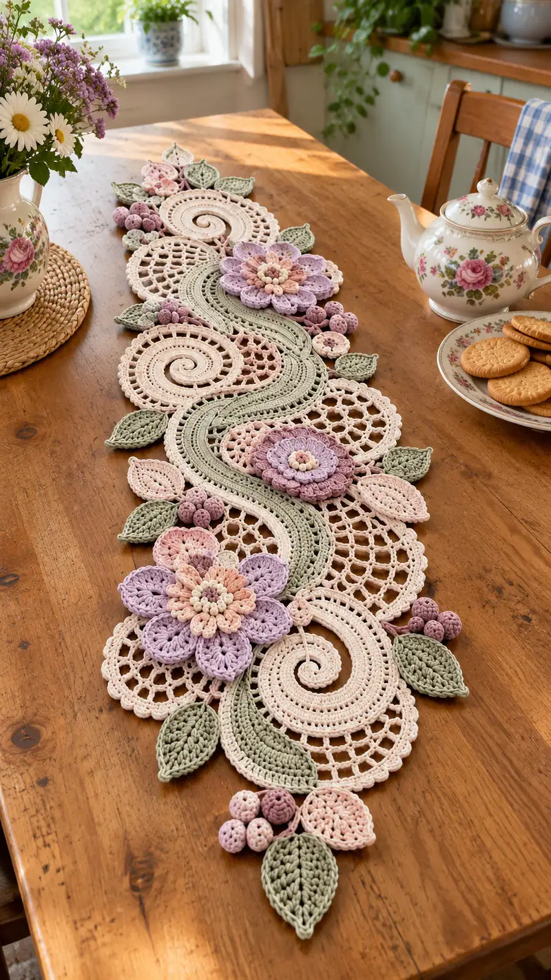 Elegant Floral Lace Table Runner Pattern crochet pattern - detailed view of completed project