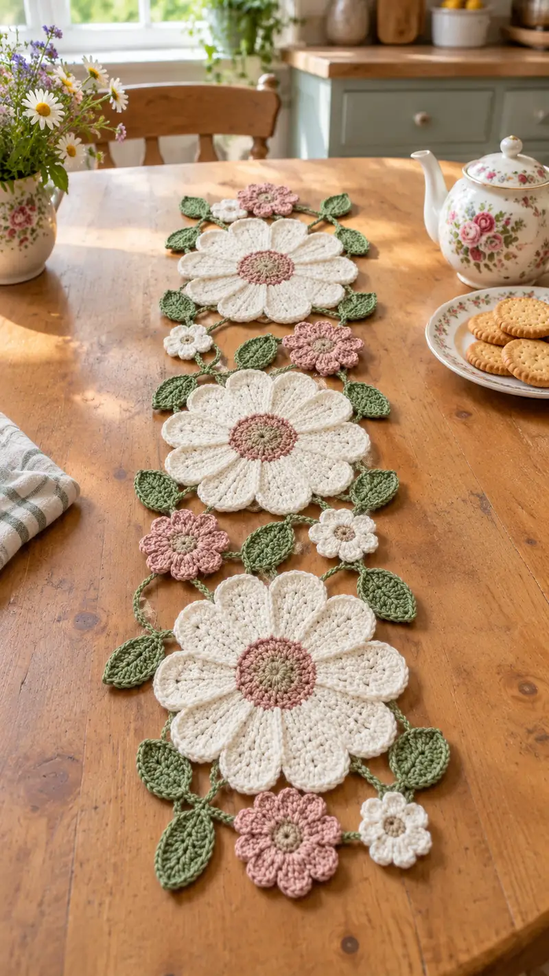 Daisy Chain Table Runner Pattern crochet pattern - detailed view of completed project