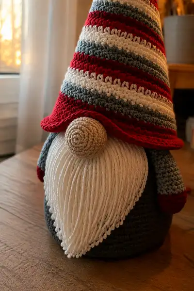 Big Christmas Gnome with Striped Hat and Button Nose Amigurumi Pattern step 2 - assembly progress