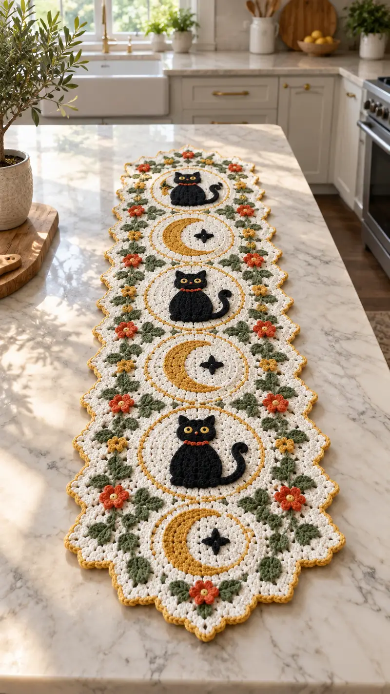 Whimsical Cat & Moon Table Runner Pattern crochet pattern - detailed view of completed project