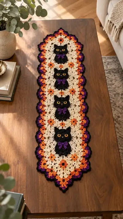 Halloween Black Cat Table Runner Pattern step 1 - construction progress