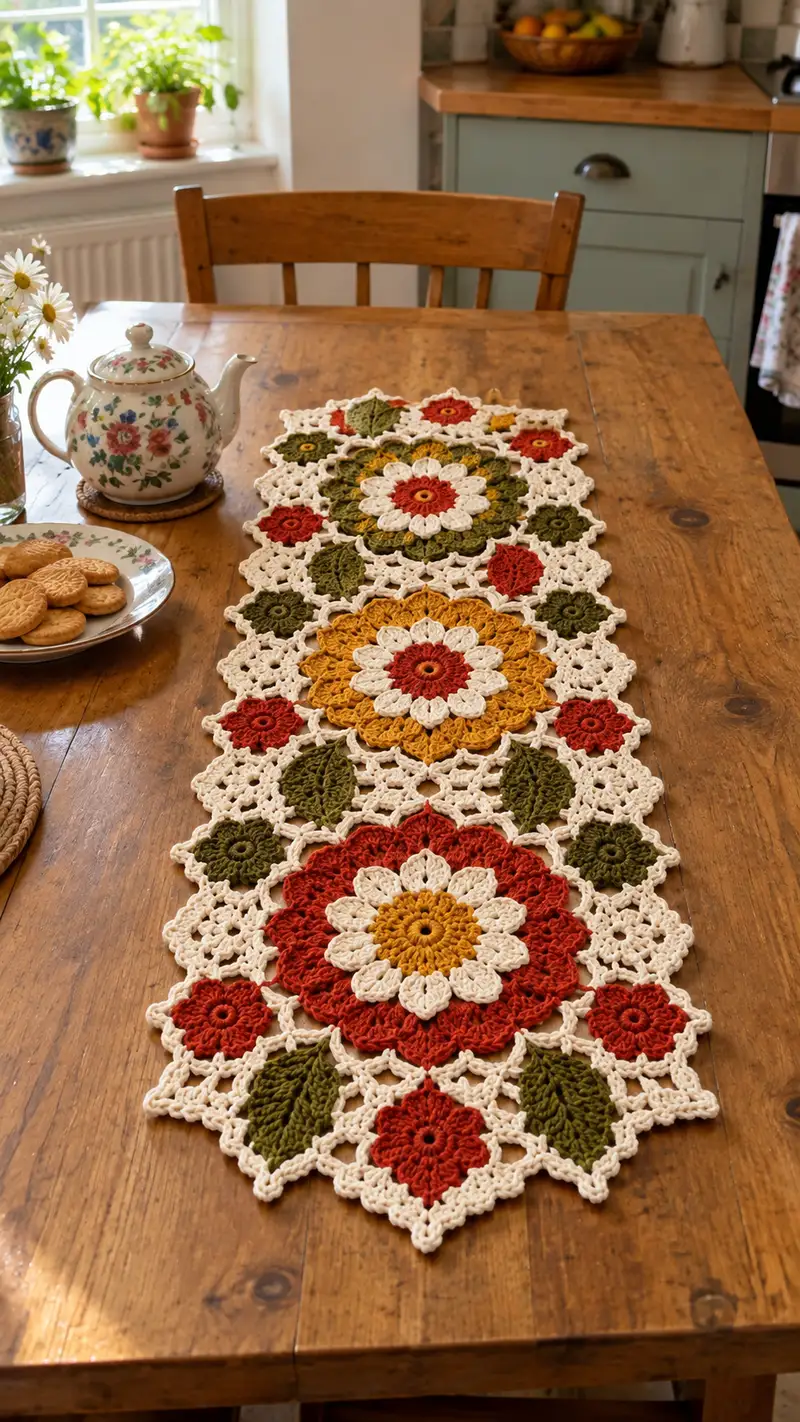 Autumn Floral Table Runner Pattern crochet pattern - detailed view of completed project
