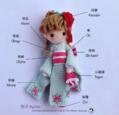 Kimono Baby-Kyoko Amigurumi Pattern step 3 - details and accessories