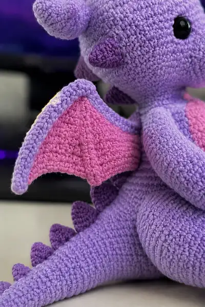 Big Lavender Love Dragon Amigurumi Pattern step 2 - assembly progress