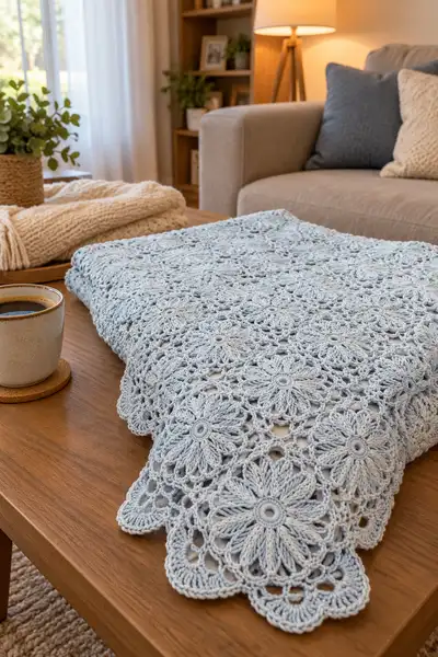 Powder Blue Daisy Motif Bedspread Pattern step 2 - assembly progress
