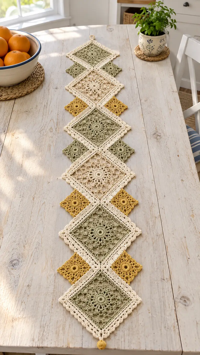 Elegant Diamond Motif Table Runner Pattern crochet pattern - detailed view of completed project