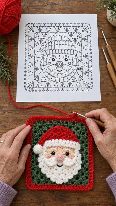Santa Face Granny Square Panel Pattern step 1 - construction progress