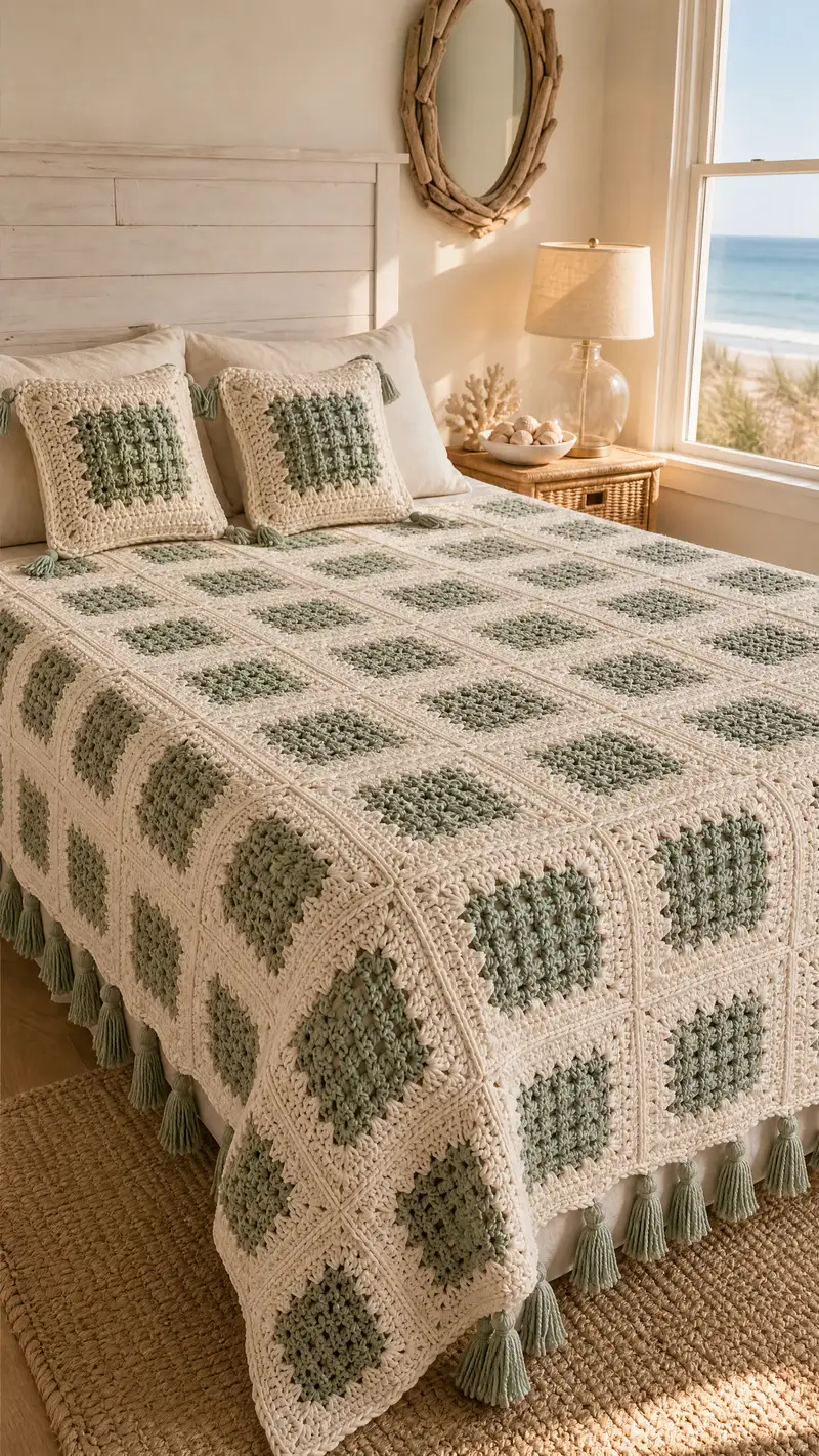 Sage Lattice Granny Square Bedspread Pattern crochet pattern - detailed view of completed project