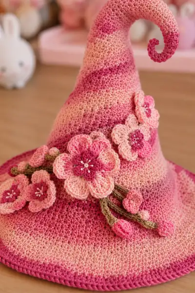 Big Blush Pink Ombre Spiral Witch Hat with Cherry Blossoms Pattern step 2 - assembly progress