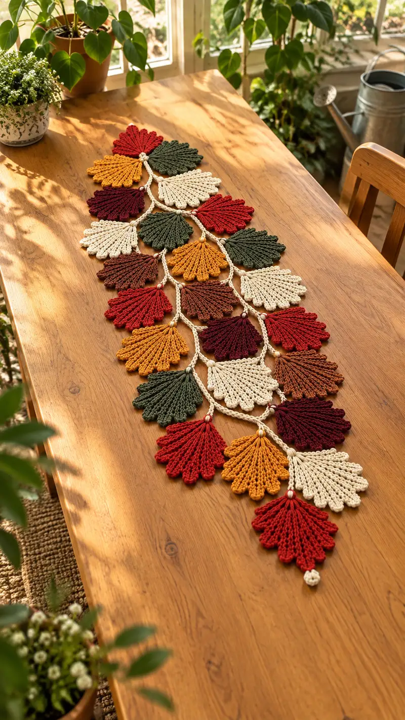 Autumn Leaf Garland Table Runner Pattern crochet pattern - detailed view of completed project