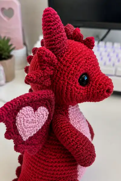 Big Cherry Red Valentine Dragon Amigurumi Pattern step 2 - assembly progress