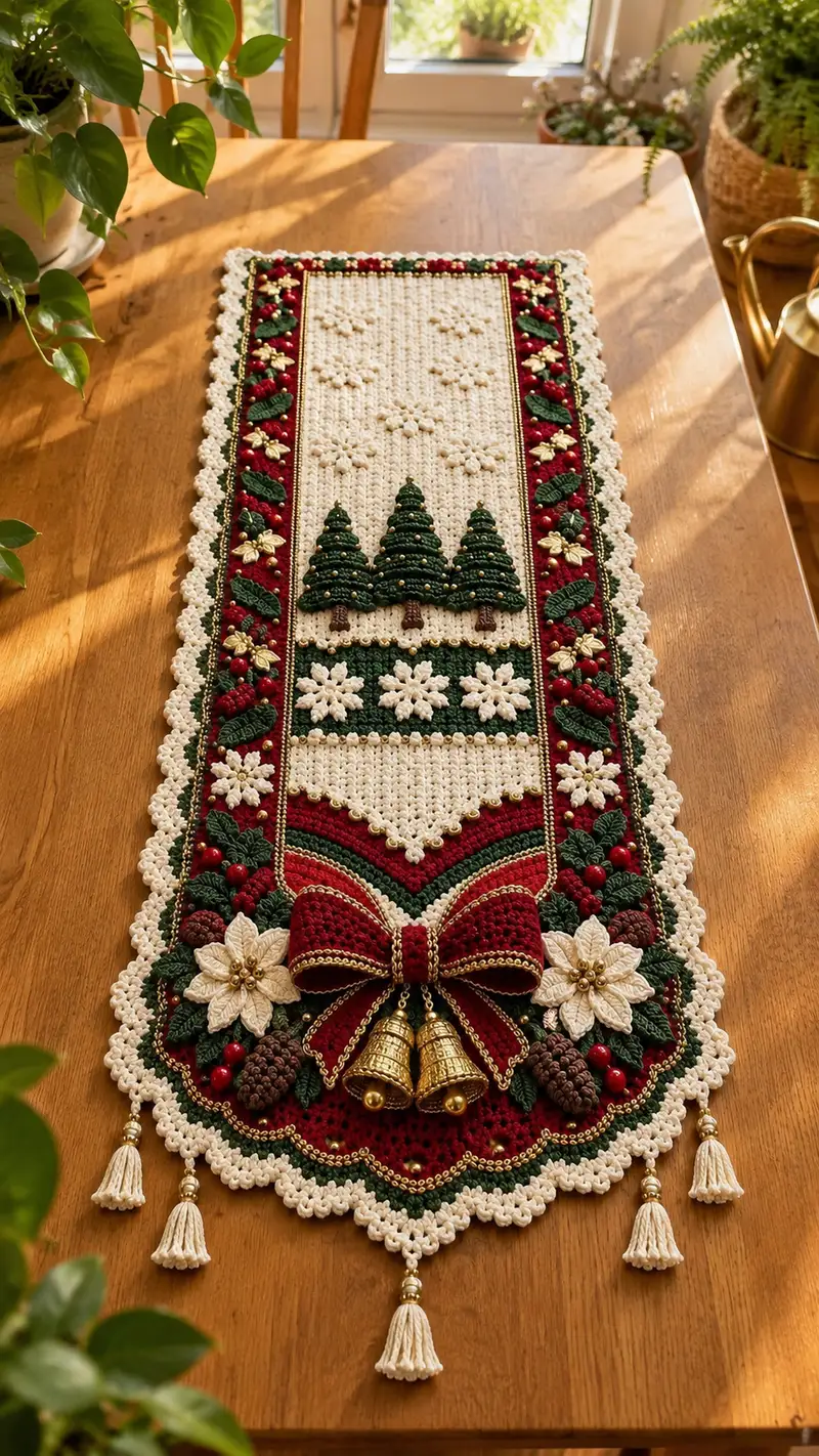 Festive Holiday Table Runner Pattern crochet pattern - detailed view of completed project