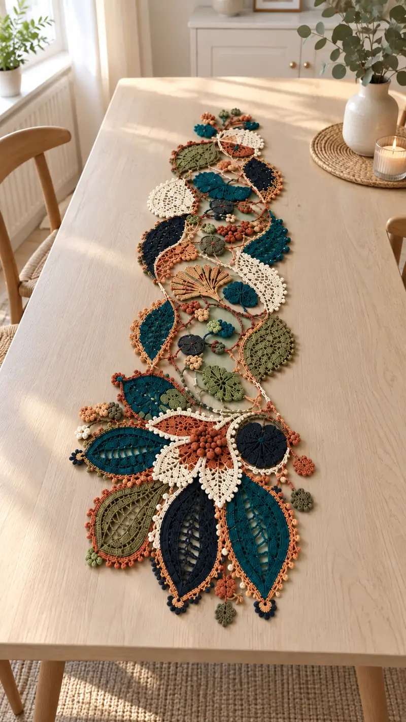 Intricate Modular Leaf & Lace Table Runner Pattern crochet pattern - detailed view of completed project