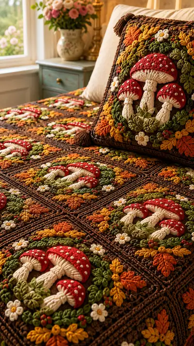 Vermilion Toadstool Granny Square Bedspread Pattern step 2 - assembly progress