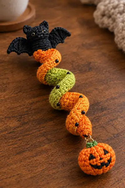 Halloween Spiral Hanging Ornament Garland Amigurumi Pattern step 2 - assembly progress