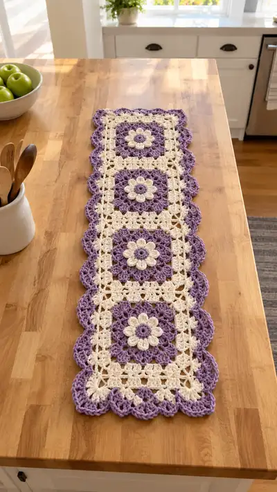 Lavender And Cream Daisy Motif Table Runner Pattern step 1 - construction progress