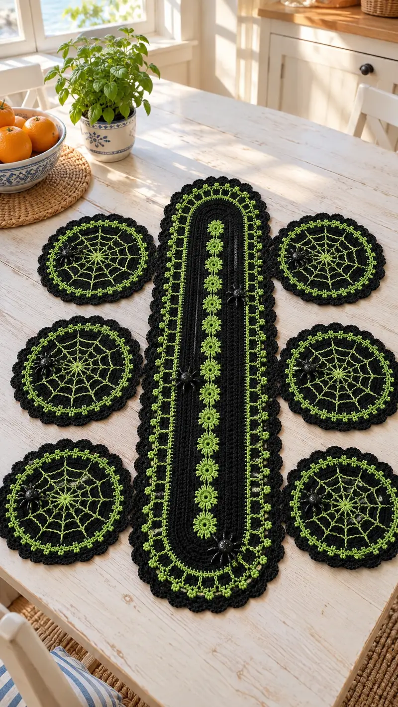 Spooky Spider Web Table Runner and Coaster Set Pattern crochet pattern - detailed view of completed project